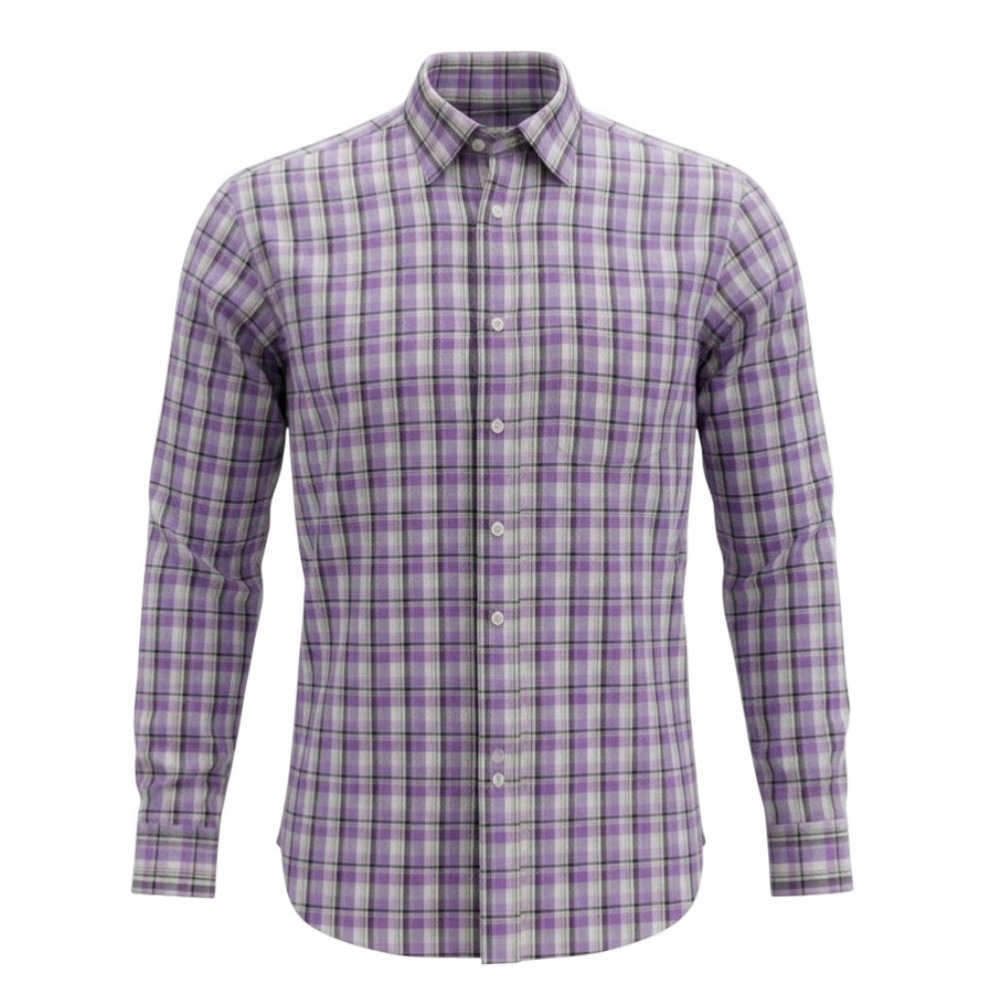 Brioni Button Down Shirt Mens‎ Medium Purple Plaid Cotton Long Sleeve Italy